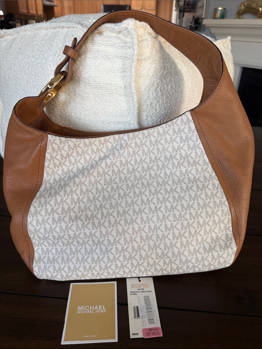 Michael Kors Tan and Ivory MK Logo Hobo Bag with Gold Hardware